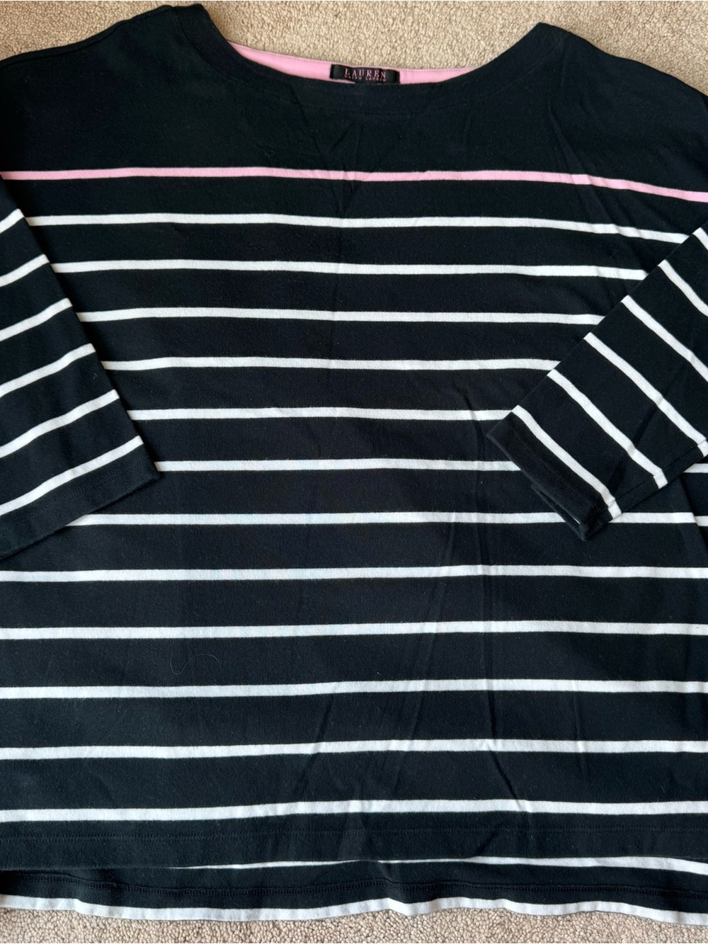 Lauren Ralph Lauren Black White Striped Top Pink Trim 3/4 Sleeve Plus Size 2X